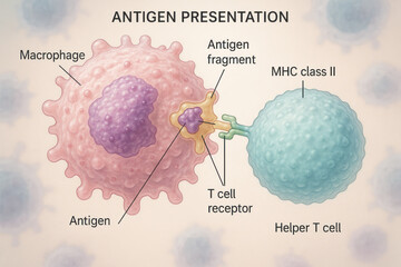 Antigen Presentation Process: Macrophage, Antigen Fragment, T cell Receptor, MHC Class II, Helper T Cell - Illustration