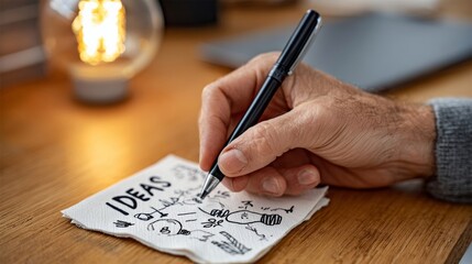 A man is writing on a napkin with a pen. The napkin has the word "ideas" written on it