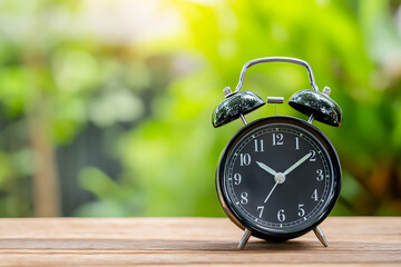A classic black alarm clock sits on a wooden table against a blurred green background