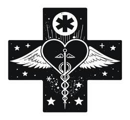 Caduceus and Heart on Medical Cross