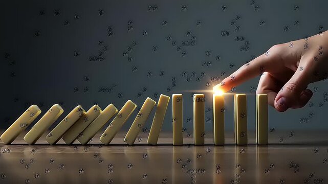 A hand gently nudges a domino, initiating a chain reaction in a dimly lit room, emphasizing cause and effect