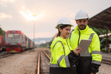 Foreman checking inventory or task details on freight train cars and shipping containers. Logistics concept, import, and export industries.