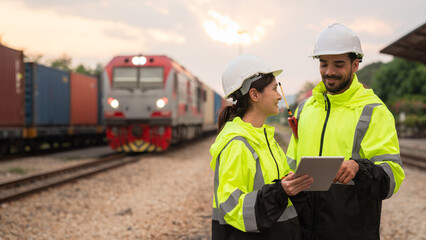 Foreman checking inventory or task details on freight train cars and shipping containers. Logistics concept, import, and export industries.
