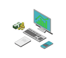 Isometric financial analytics illustration with laptop, graphs, and money