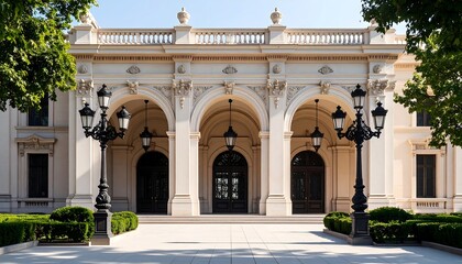 Fototapeta premium Classic Building Facade with Arches and Lamp Posts on a Sunny Day