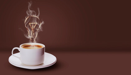 Cup of fresh aromatic coffee against brown background. Glowing light bulb in steam rising above hot drink. Good idea