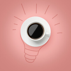 Cup of coffee as part of drawn light bulb on pink background, top view. Good idea