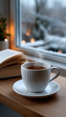 Cozy winter reading by the window with tea and book