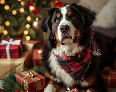 Sharp Focus Studio Portrait of a Bernese Mountain Dog Wearing a Subtle Christmas-Themed Bandana
