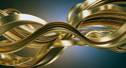 Swirling Gold Metallic Ribbons on Blue Gradient Background with Glowing Particles