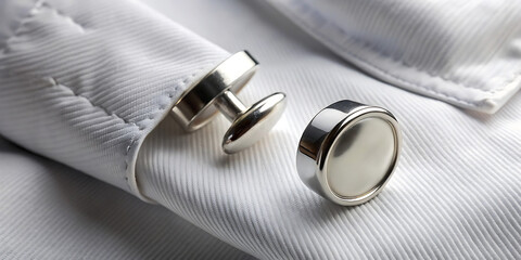 Closeup of silver cufflinks on a white dress shirt, showcasing formal style and attention to detail, perfect for weddings or business attire