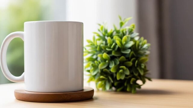 White Mug Mockup on Wooden Table with Green Potted Plant in Background and Neutral Curtain for Branding Display and Advertising