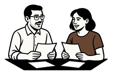 A single-line illustration depicts a mature male and female engaged in discussion, accompanied by speech bubbles