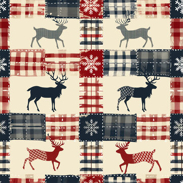 Textile Pattern Mimicking Handmade Quilt Squares with a Classic Christmas Color Palette and Floral Motifs