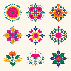 Collection of Colorful Floral Ornament Designs Featuring Abstract Blossoms and Geometric Patterns Ideal for Textile Design and Decorative Art