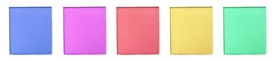 Different eyeshadow in refill pans on white background, set. Palette of shades