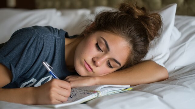 Woman sleeping on bed while writing in notebook with pen - Powered by Adobe