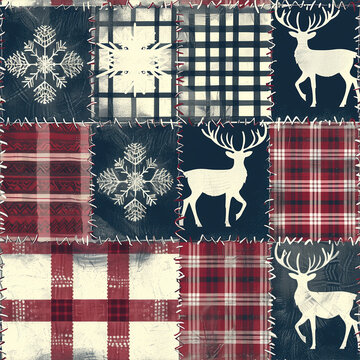 Festive Quilt-Inspired Textile Pattern Featuring Classic Christmas Colors and Traditional Patchwork Motifs