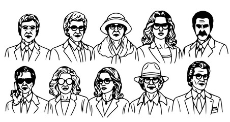 Line art drawing of diverse people wearing suits and glasses vector illustration design template