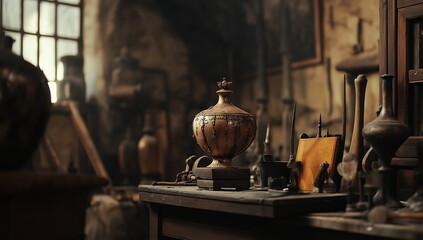 An antique workshop displays various tools and artifacts, showcasing rich history and craftsmanship