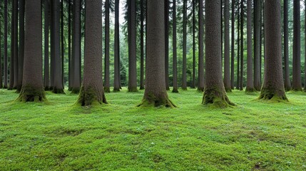 A lush green forest with tall trees and vibrant moss-covered ground
