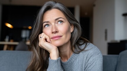 Woman with long brown hair and blue eyes resting her chin on her hand in a modern indoor setting