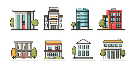 Fototapeta premium Collection of Diverse Building Icons with Trees for City or Urban Design Projects
