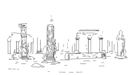 Ancient ruins drawing line art illustration of historical site with columns and statues architecture sketch