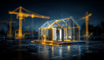 Digital house blueprint with construction cranes in background