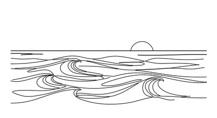 Ocean waves line art drawing vector illustration sea wave sketch sunrise minimalist design beach scene artwork 100