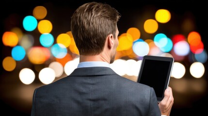 Man using tablet device outdoors at night with colorful bokeh lights in background