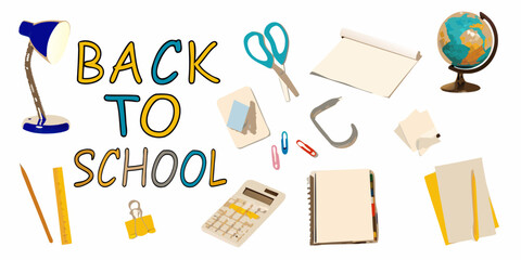 Back to school supplies and globe illustration