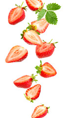 Fresh juicy strawberries falling against white background