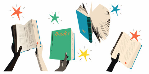 Hands holding open books with colorful stars