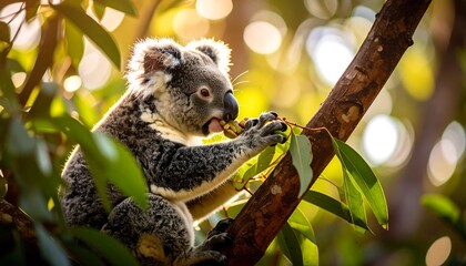 Obraz premium Cute koala eating eucalyptus leaves