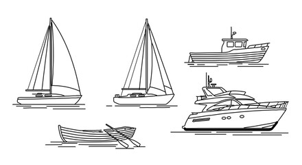 Line art drawing of various boats including sailboats yachts and rowboats for nautical themed designs