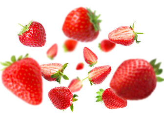 Yummy fresh strawberries swirling in air against white background
