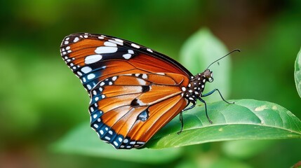 Close-up of a monarch butterfly resting on a green leaf in natural environment