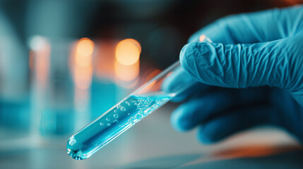 Scientist’s hand in blue nitrile glove holding a transparent test tube with liquid – close-up in laboratory environment, concept of medical research, analysis, or biotechnology