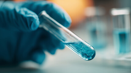 Scientist&rsquo;s hand in blue nitrile glove holding a transparent test tube with liquid &ndash; close-up in laboratory environment, concept of medical research, analysis, or biotechnology