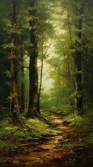 Obraz premium Vintage painting wallpaper forest landscape woodland.