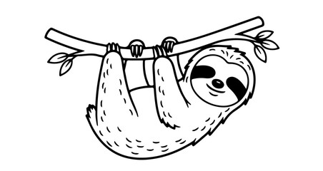 Cute sloth hanging on branch vector illustration adorable animal drawing outline design for kids coloring page