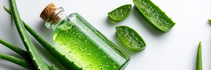 Aloe Vera Gel and Fresh Aloe Leaves on a White Surface Showcasing Natural Skincare Ingredients