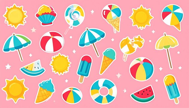 Colorful summer-themed stickers on pink background - Powered by Adobe