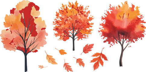 Watercolor illustration of three autumn trees with coral, orange, and red leaves and scattered fall foliage on a white background

