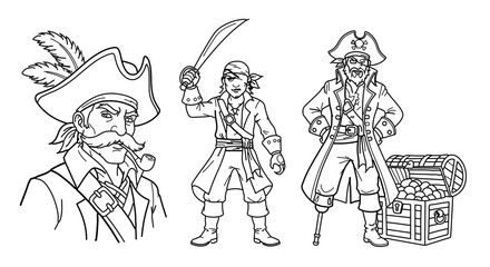 Pirate coloring page for kids and adults featuring pirate characters and treasure chest outline illustration