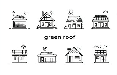 Fototapeta premium Collection of House Designs with Green Roofs and Solar Panels in a Line Art Style EcoFriendly Sustainable Living