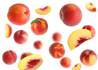 Fresh peaches whirling in air against white background
