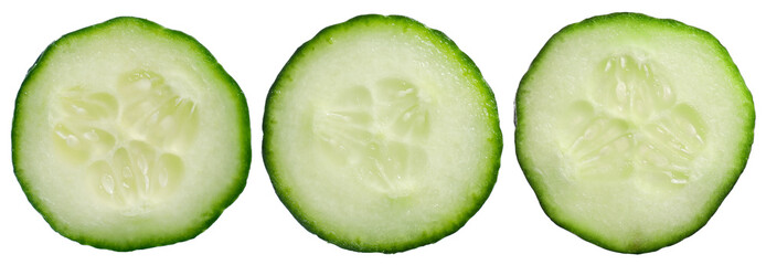 Fresh cucumber. Three slices isolated on white, set