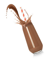 Chocolate milk splashing in glass on white background